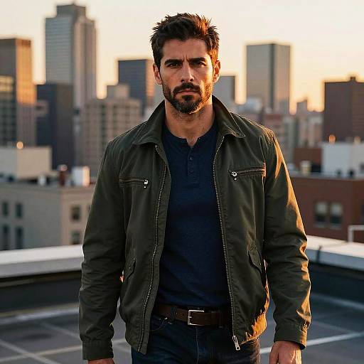 Photograph of a rugged, bearded man with dark hair, wearing a dark green jacket over a black shirt, standing on a rooftop at sunset with