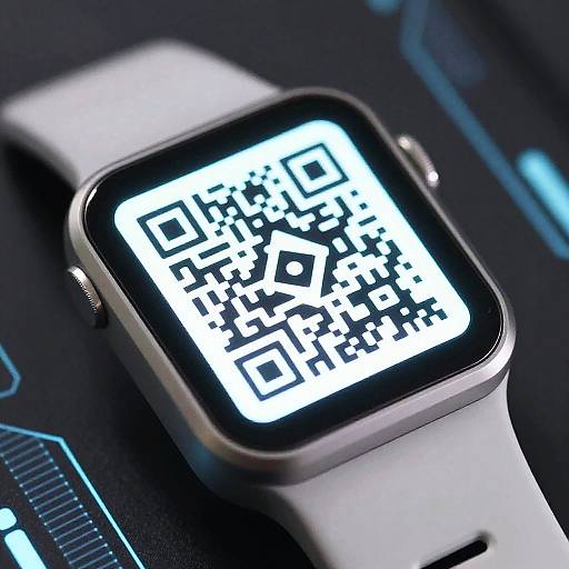 Close-up photograph of a white smartwatch displaying a QR code on a black, blue-lit surface. The watch's screen is brightly lit, contrasting