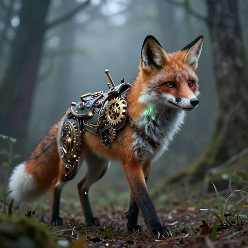 Digital art of a steampunk fox with gears and metal accents, standing in a misty, foggy forest. The fox's vibrant red fur