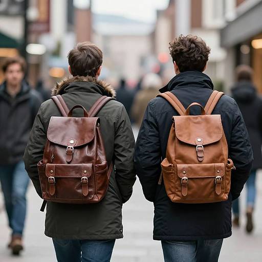 Photograph of two men, back view, walking in a city street; both wear black jackets and leather backpacks, brown and dark brown. Bl