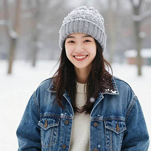 Smiling Woman in Winter Outfit in Snow