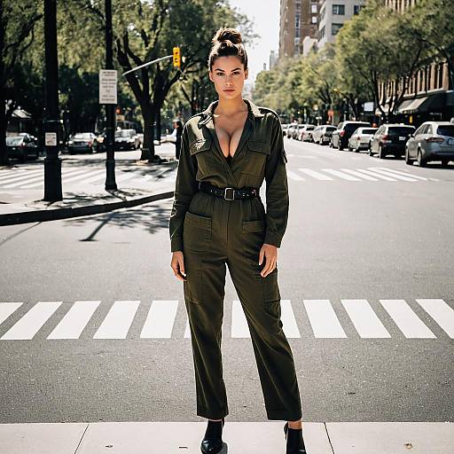 Woman in Olive Green Utility Jumpsuit on City Crosswalk