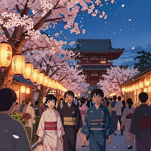 Anime-style illustration of a nighttime cherry blossom festival, featuring young men in traditional kimonos walking under glowing lanterns and pink blossoms.