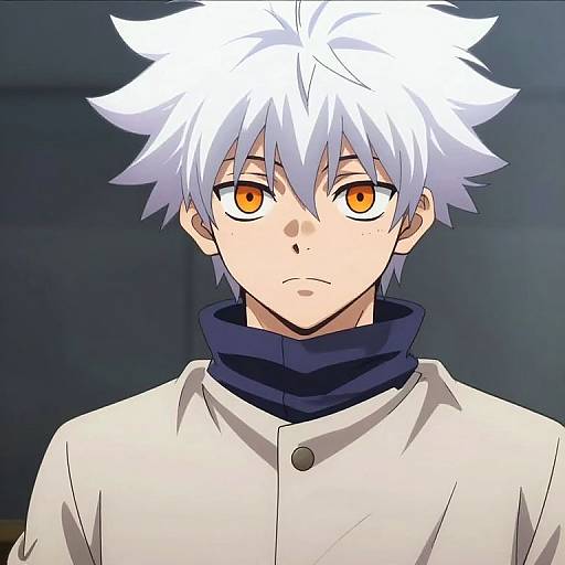 Anime-style digital drawing of a white-haired, orange-eyed young man with a serious expression, wearing a high-collared, cream-colored shirt. Dark