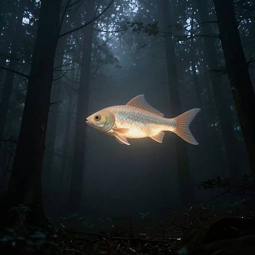 Photograph of a glowing goldfish swimming in a dark, misty forest. The fish's bright orange and yellow hues contrast sharply against the dark,