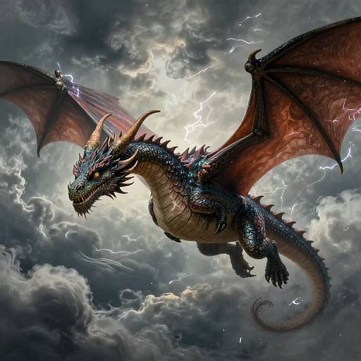Dynamic digital painting of a fierce, blue-scaled dragon with red wings, flying through a stormy sky with lightning bolts.