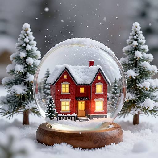 Photograph of a snow globe with a lit, red, two-story house surrounded by snow-covered pine trees and small snowflakes.