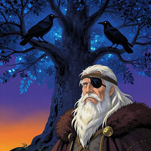 Mystical Odin with Ravens in Blue