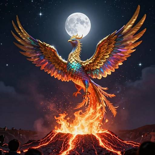 Digital art: Phoenix with vibrant, multicolored feathers, wings spread wide, perched on a lava-topped volcano under a full moon, night