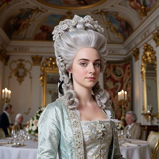 Photorealistic CGI of a young woman with pale skin, silver curled hair, and elaborate 18th-century dress in an ornate, gold-de