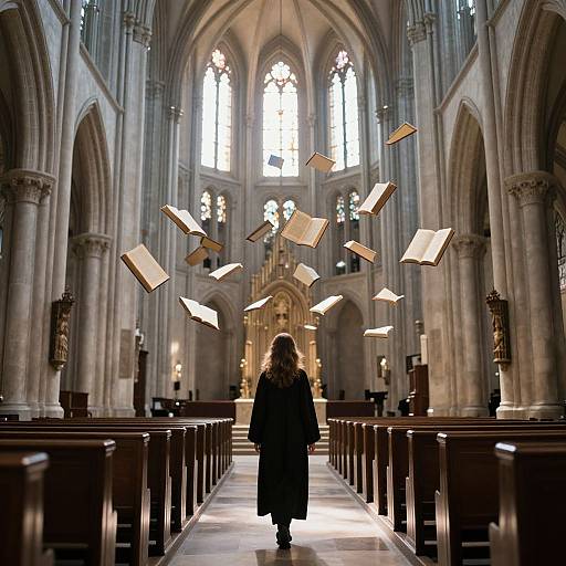 Photograph of a lone person with curly hair, standing in a grand, Gothic-style cathedral, surrounded by floating hymn books, under tall, ar
