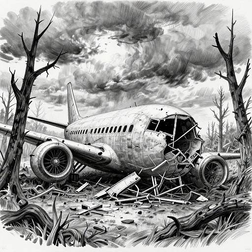 Black-and-white digital drawing of a crashed, heavily damaged airplane amidst broken debris and tall, leafless trees under a stormy sky.