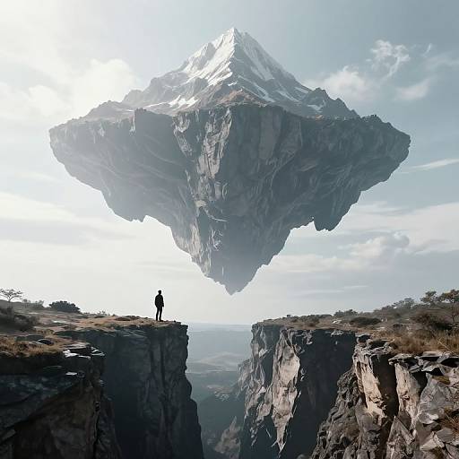 Photograph-like digital art: Silhouetted figure stands on cliff edge, gazing at massive, floating mountain against bright sky and rugged landscape.