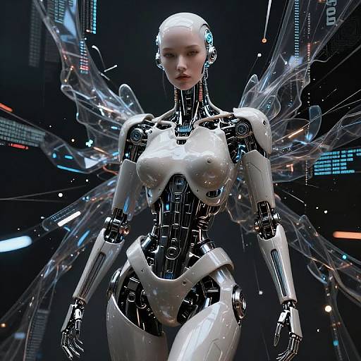 CGI image of a futuristic, pale-skinned, robotic female with white and black metallic body, transparent wings, and glowing blue eyes, standing in