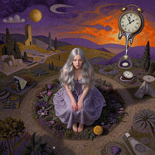 Digital surreal artwork: Silver-haired girl with closed eyes, lavender dress, sitting in a vibrant, fantastical garden, clock floating above, sunset sky.