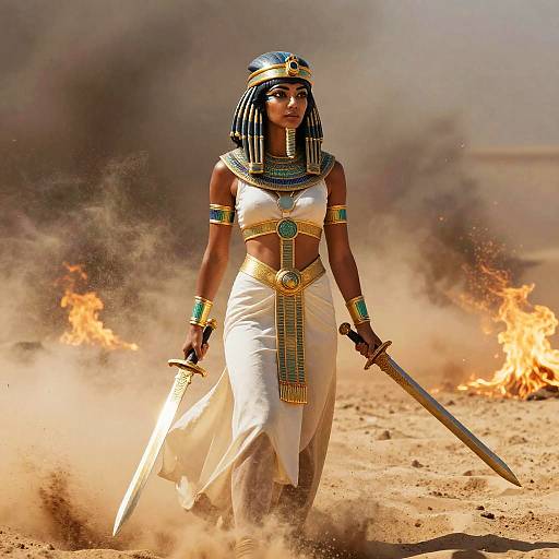 Photograph of an Egyptian warrior woman with dark skin, blue-striped headdress, white dress, gold accessories, holding two swords, walking through sand and