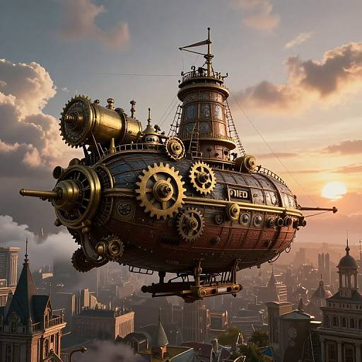 Steampunk airship with large gears and brass pipes soaring above a cityscape at sunset, featuring cloudy skies and detailed buildings.