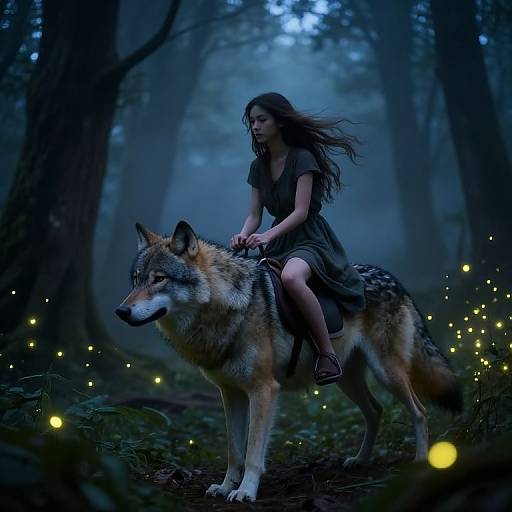 Digital artwork of a woman with long brown hair, wearing a dark dress, riding a large, wolf-like creature through a mystical, blue-lit forest