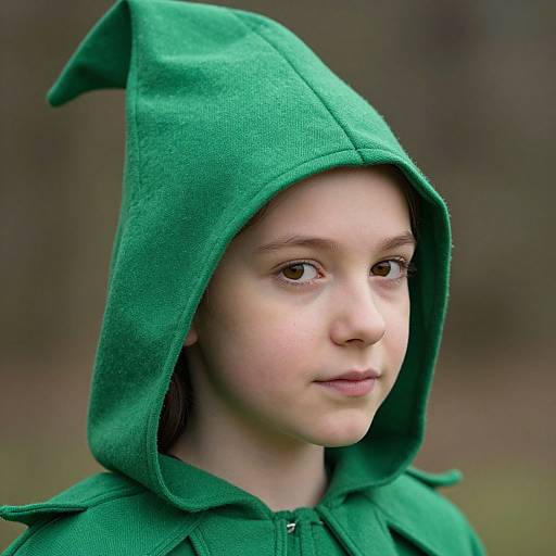 Close-up photograph of a young girl with fair skin and brown eyes, wearing a green pointed-hood cloak, looking to the side with a calm expression
