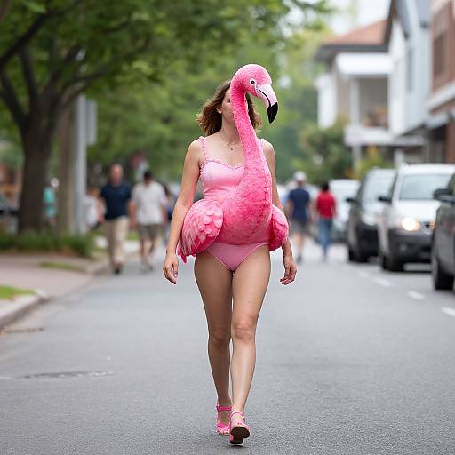 Photograph of a woman in a pink flamingo onesie and pink sandals walking down a city street, with blurred background and green trees.