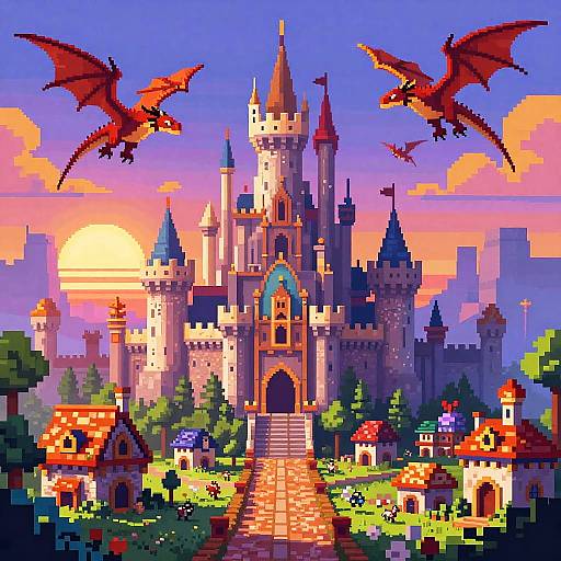 Pixel art castle with two red dragons flying above, colorful sunset background, quaint houses with red roofs in foreground, vibrant greenery.