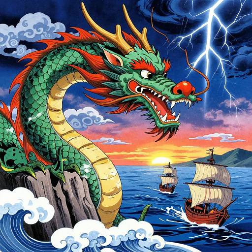 Colorful digital illustration of a fierce green dragon with red mane and horns, roaring over a stormy ocean with a ship in the background, lightning striking
