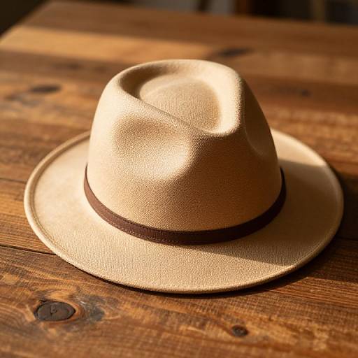 Photograph of a beige fedora hat with a dark brown band, placed on a sunlit, rustic wooden table.