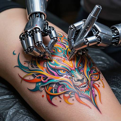 Photograph of a colorful, abstract tattoo featuring a vibrant, multicolored flame design on a person's arm, being worked on by robotic tattoo machines