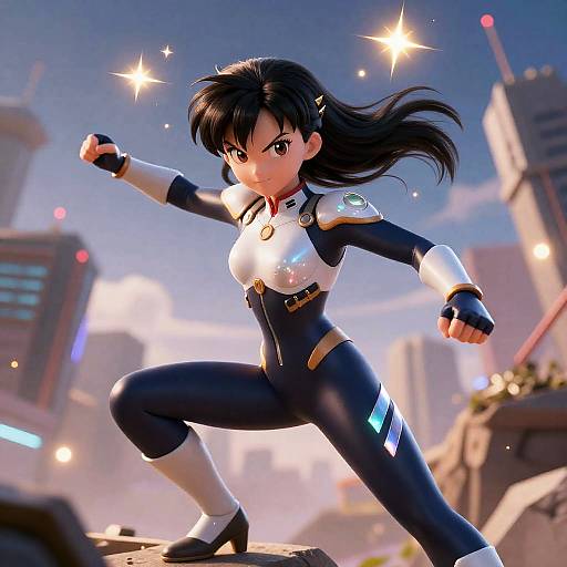 CGI anime-style image of a determined, black-haired woman in a black and white, form-fitting suit, posing in a futuristic cityscape with