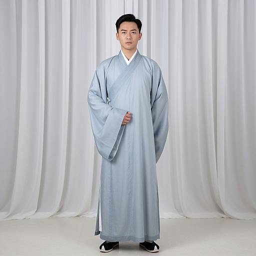 Photograph of an East Asian man in a light blue, traditional Korean hanbok, standing against white, flowing curtains. He has short black hair