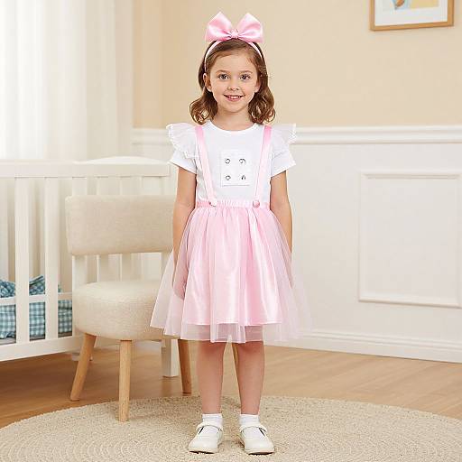 Photograph of a smiling young girl with brown hair, wearing a pink bow, white dress, pink tulle skirt, white socks, and white shoes