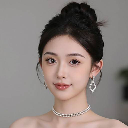 Photograph of an East Asian woman with fair skin, black hair in an updo, wearing pearl necklace and diamond earrings, smiling softly against a blurred