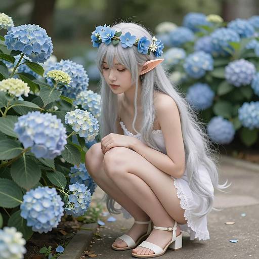 Elf Woman Among Blooming Hydrangeas