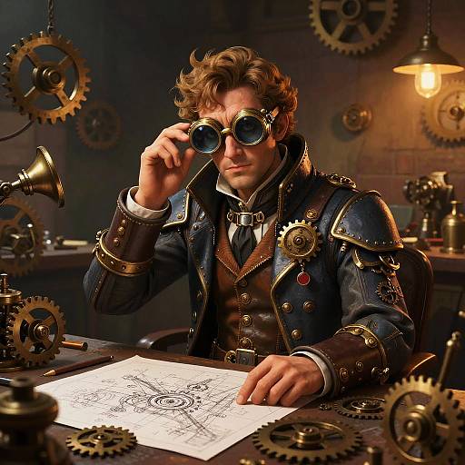 Steampunk Inventor in Cluttered Workshop