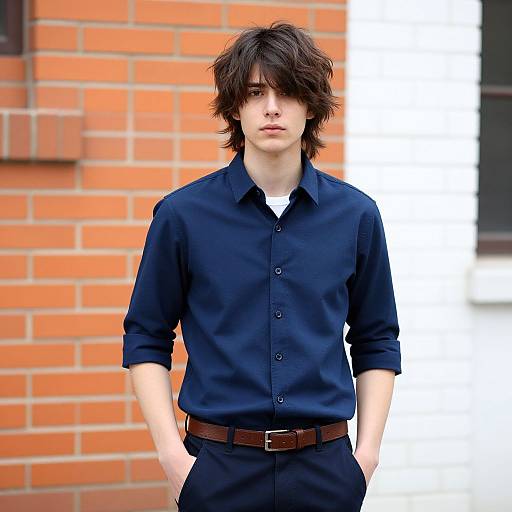 Photograph of a young man with disheveled black hair, wearing a navy blue button-up shirt and black pants, standing against a brick wall.