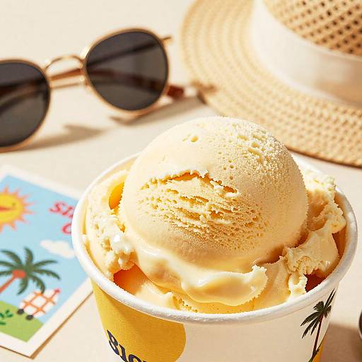 Photograph of a cone with two scoops of creamy, beige ice cream, surrounded by sunglasses, a straw hat, and a colorful beach-themed book