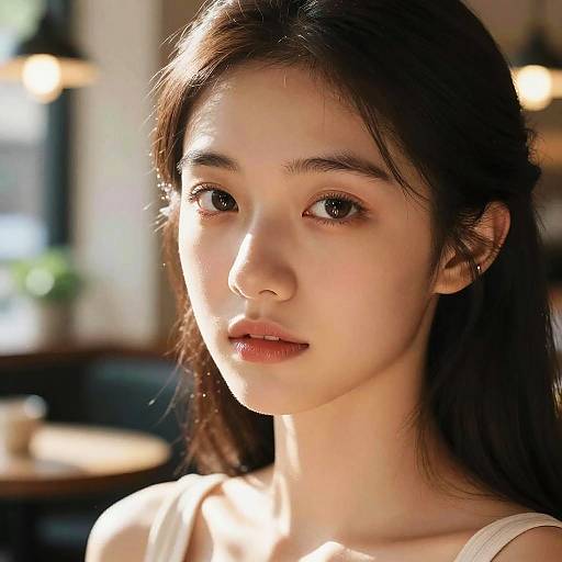 Photograph of an East Asian woman with fair skin, long dark hair, and soft brown eyes, lit by warm sunlight in a softly blurred café setting