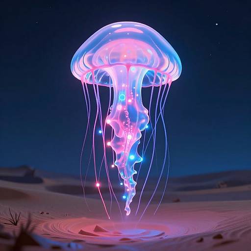 Photograph of a glowing, neon-colored jellyfish with pink, blue, and purple hues, floating above a dark, sandy ocean floor at night.