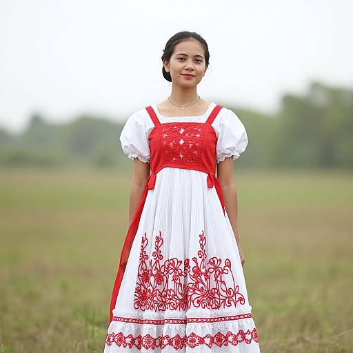 Woman in Traditional Red and White Dress