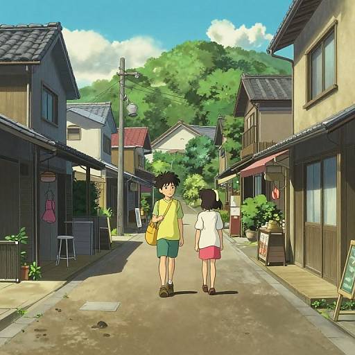 Digital anime-style illustration of a sunny rural street with a boy in a yellow shirt and green shorts, and a girl in a white shirt and pink skirt