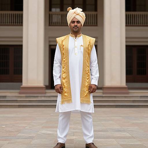 Photograph of a Black Indian man standing outdoors, wearing a white kurta, gold embroidered vest, white turban, and black shoes, in front