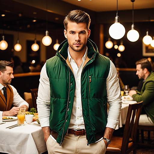 Stylish Man in Green Jacket at Restaurant