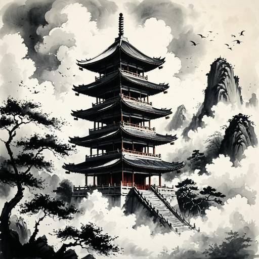 Ancient Pagoda in Mystical Clouds