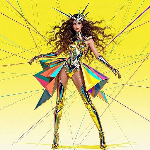 Digital artwork of a fierce, long-haired woman in a vibrant, metallic, rainbow-colored outfit with star-shaped headpiece, standing against a bright yellow background