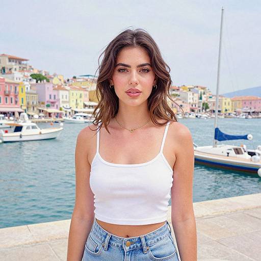 Photograph of a young woman with wavy brown hair, wearing a white crop top and blue jeans, standing on a sunny waterfront with colorful buildings and