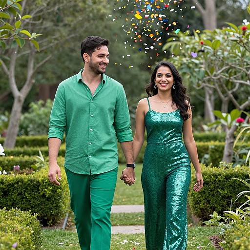 Photograph of a smiling couple holding hands in a lush garden, the man in a green shirt and pants, the woman in a shimmering green sequ