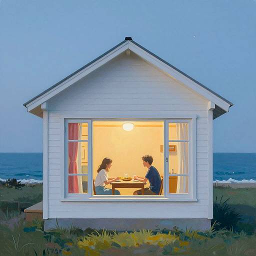 Couple Dining in Coastal House at Dusk