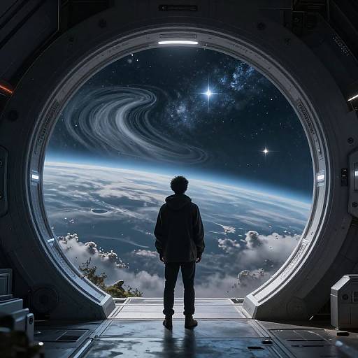 Silhouetted astronaut stands at space station airlock, gazing at swirling galaxy, Earth, and stars through circular opening. Digital art.