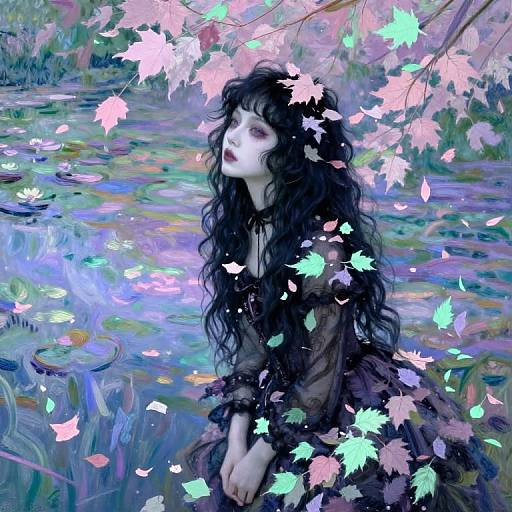 Digital painting of a pale, dark-haired woman with red lips, sitting in a vibrant, colorful pond surrounded by falling pink and blue maple leaves.