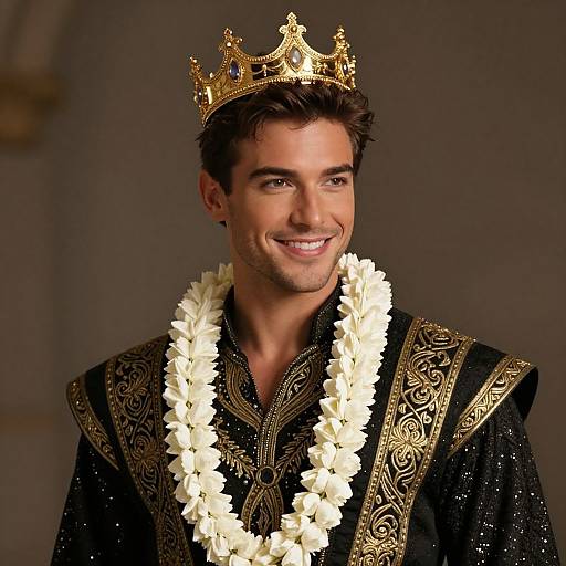 Photograph of a handsome man with dark hair, wearing a golden crown, black embroidered robe, and white floral lei, smiling against a dark background.